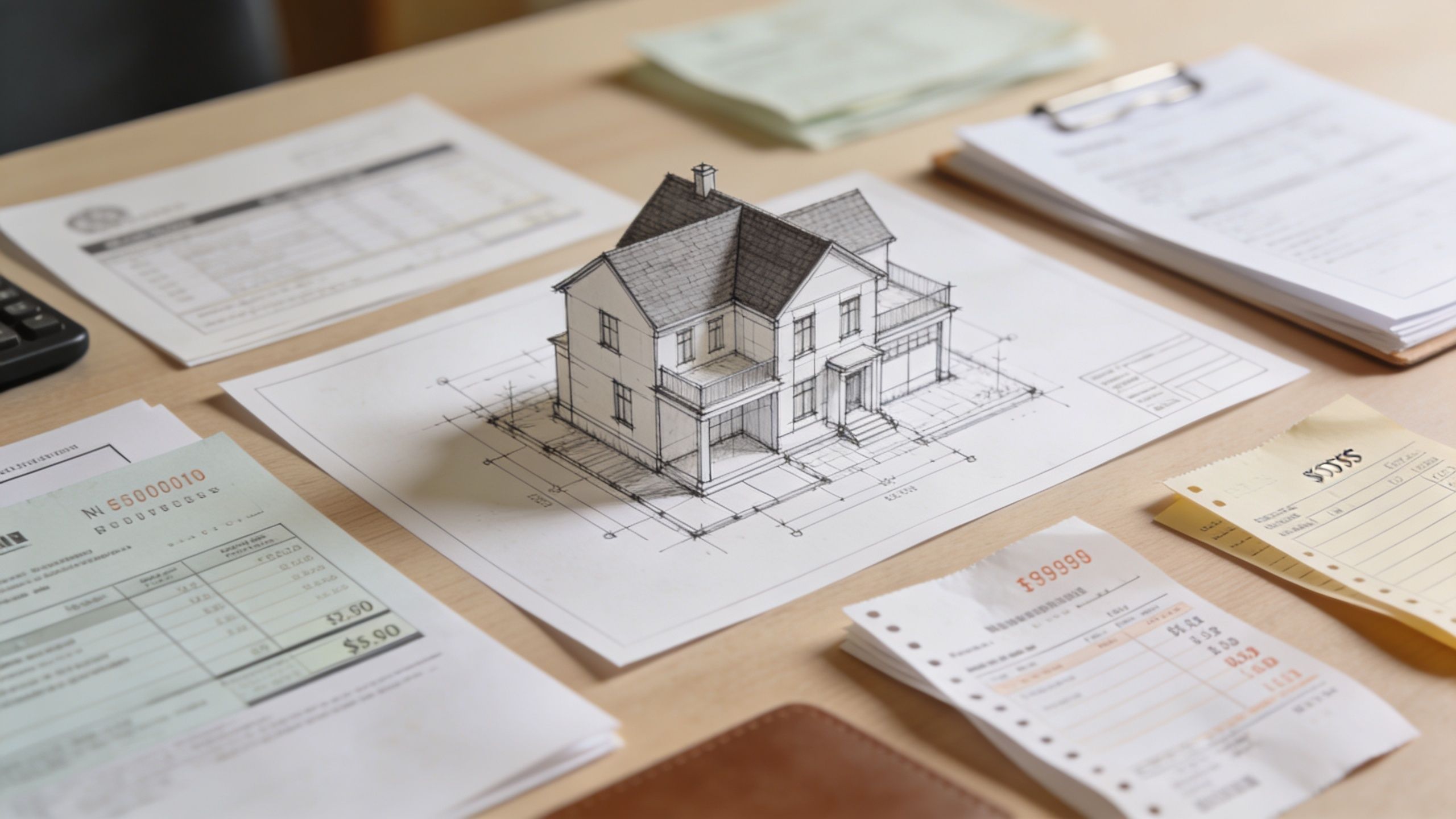 En arkitektonisk skitse af et hus placeret på et skrivebord omgivet af diverse dokumenter og regninger.