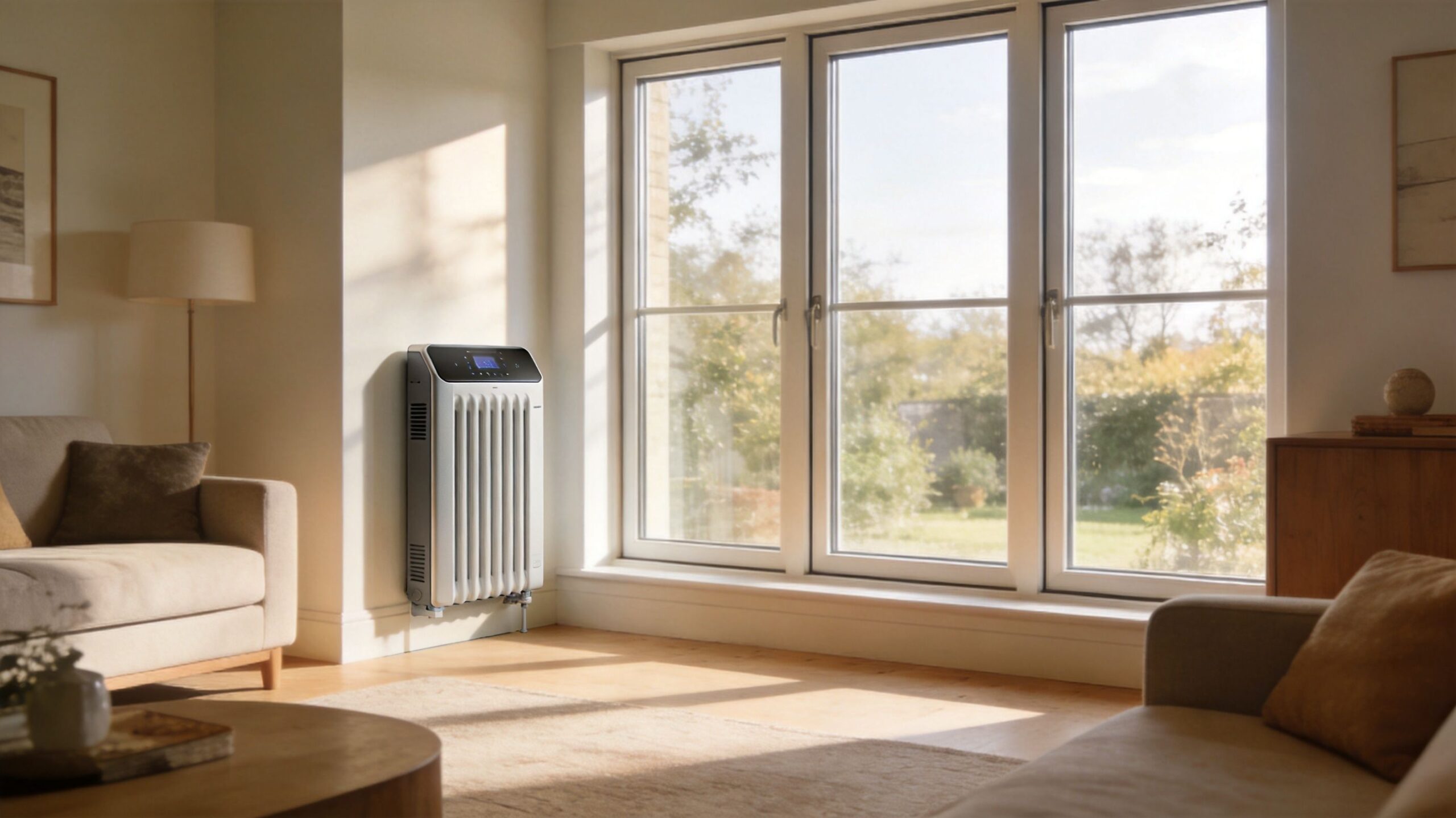 En moderne hvid radiator står placeret op ad væggen i en lys og hyggelig moderne dagligstue.