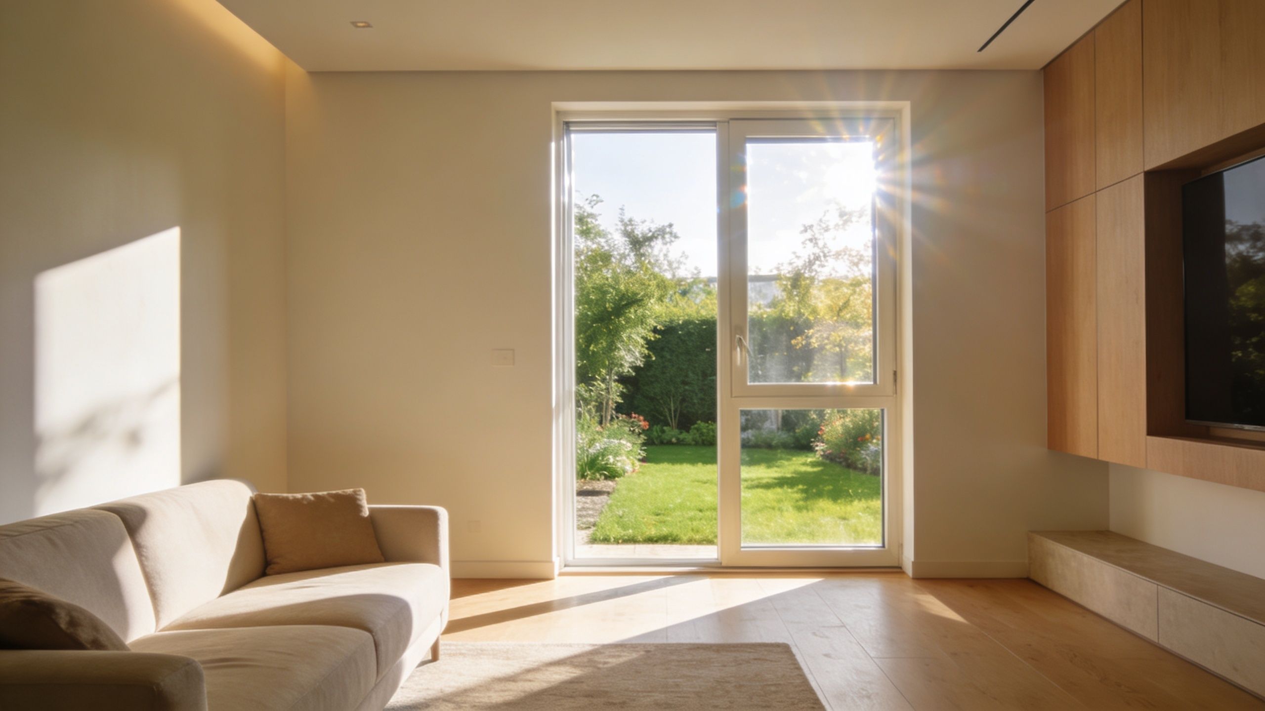 En moderne stue med en lys beige sofa, trægulv og en stor glasdør, der åbner ud mod en solrig have.