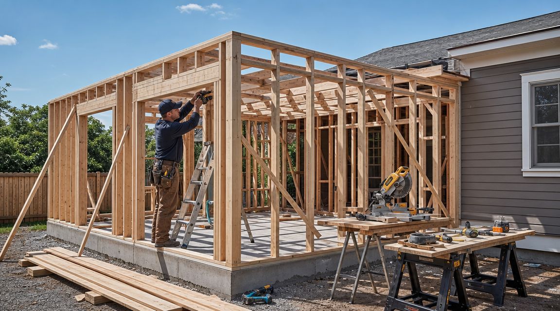 En tømrer bygger skelettet til en tilbygning på et hus i en solskinsfyldt baghave.