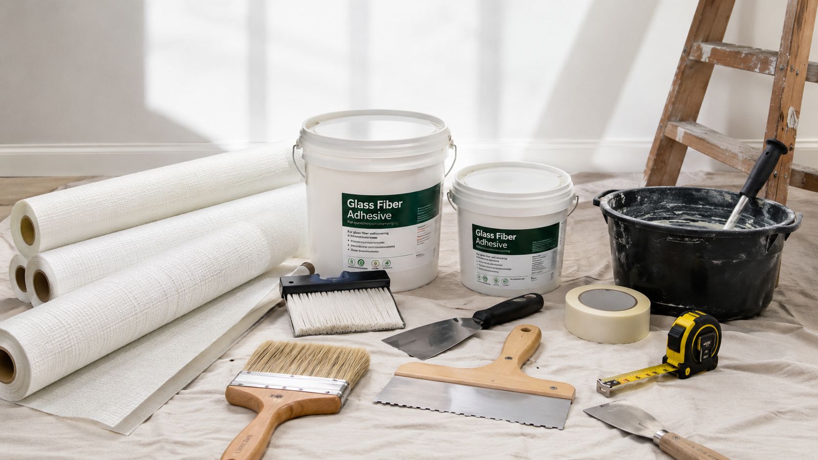 Diverse værktøj og materialer til opsætning af glasvæv, herunder tapetklister, spartler, pensler og ruller af glasvæv.