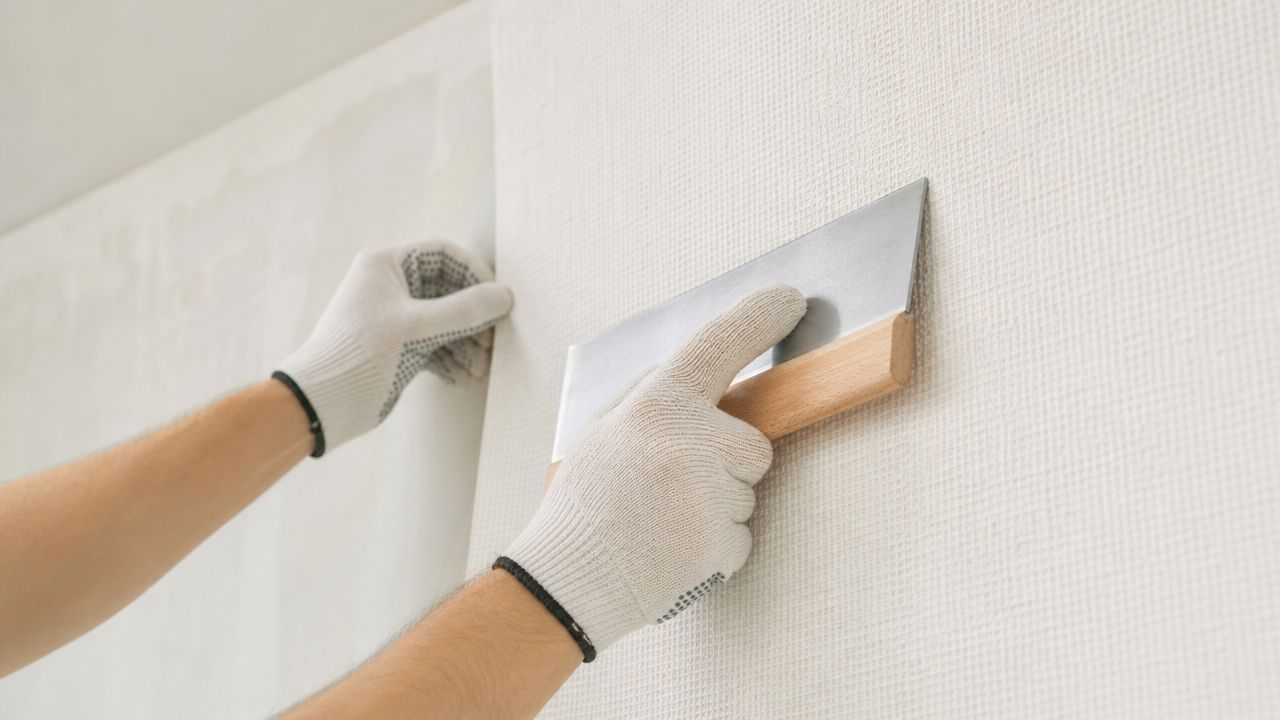 En håndværker arbejder med opsætning af glasvæv på en hvid væg ved hjælp af en spartel.