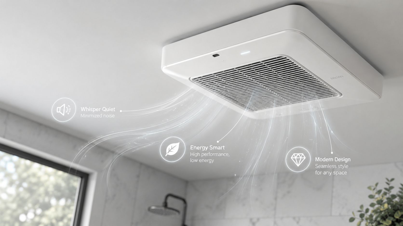 Moderne hvid badeværelsesventilator monteret i loftet, der effektivt og støjsvagt forbedrer luftkvaliteten i et stilfuldt badeværelsesmiljø.