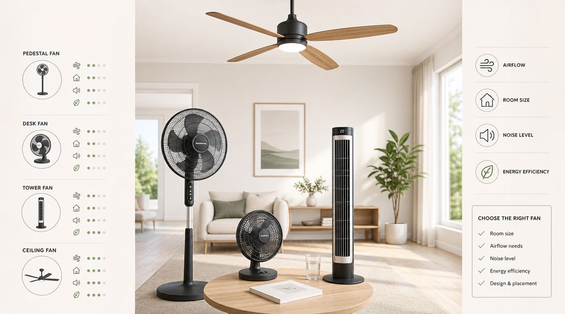 En sammenligningsguide over forskellige ventilatortyper, herunder gulvventilatorer, bordventilatorer, tårnventilatorer og loftventilatorer til hjemmet.