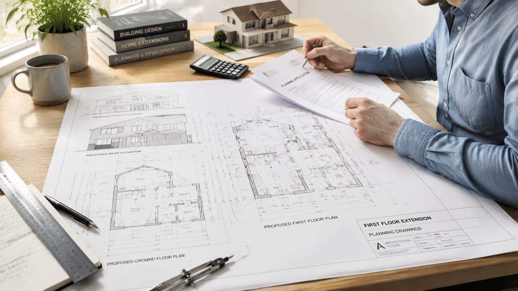 Arkitekt der arbejder med plantegninger og ansøgning om tilbygning til en bolig på et træbord