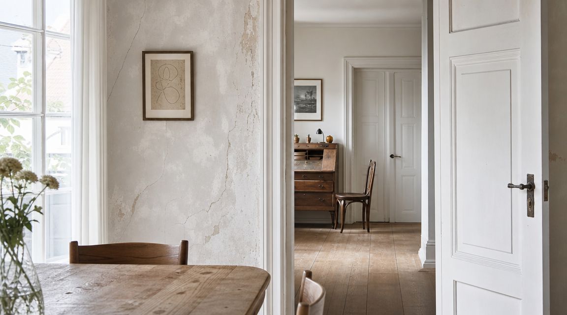 Et lyst og minimalistisk rum med en rustik væg, træbord og klassiske døre i en lejlighed.