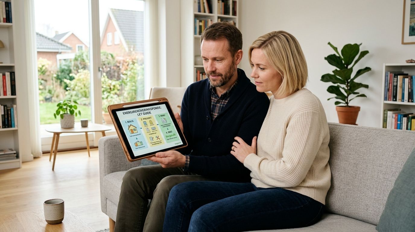 Et par sidder i sofaen og kigger på en tablet med information om energirenovering og tilskudsmuligheder.