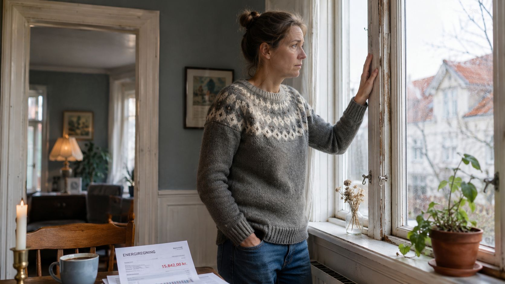 En kvinde kigger bekymret ud ad vinduet ved siden af en energiregning på bordet.