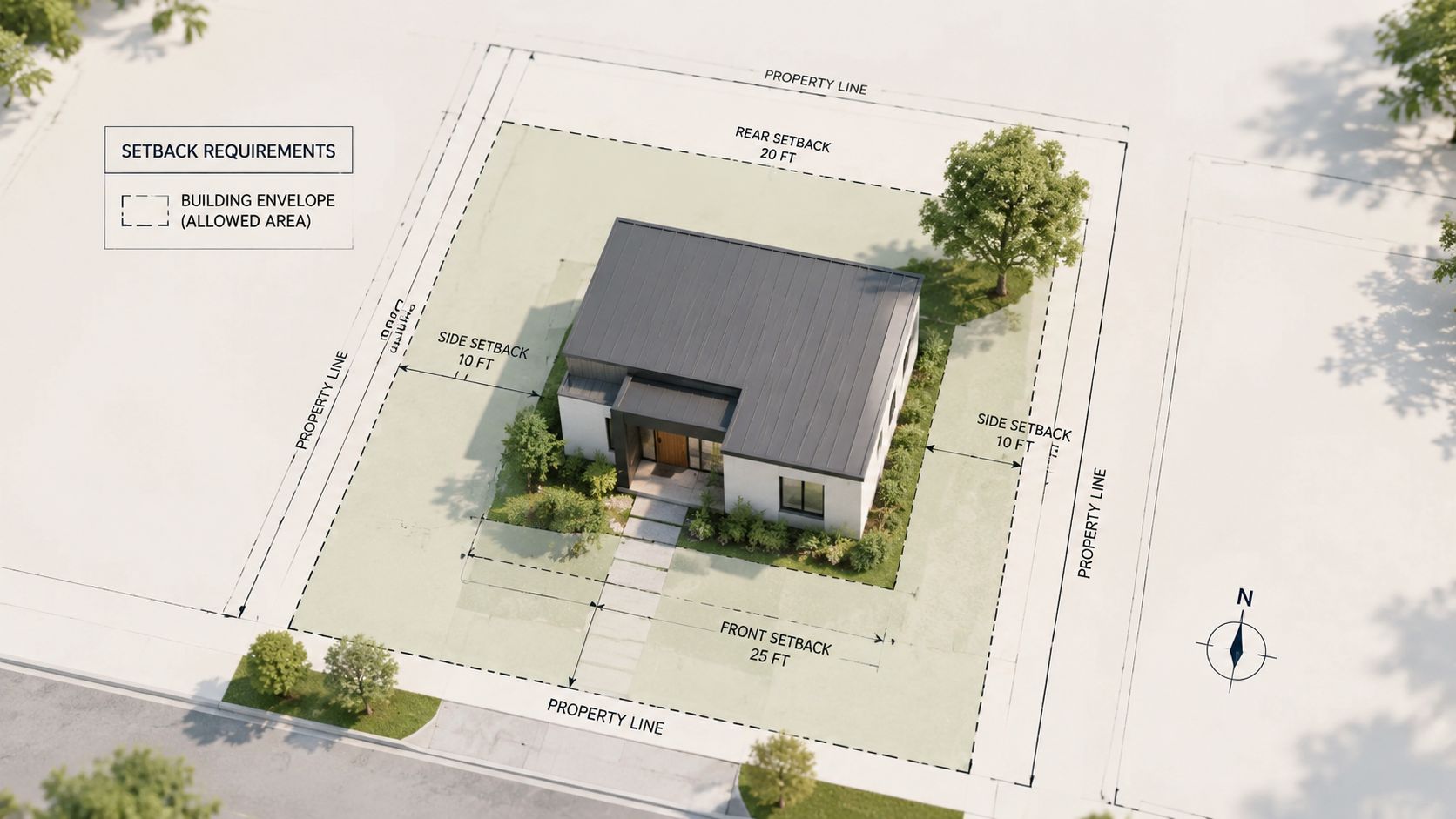3D-illustration af et hus på en grund, der viser regler for afstand til skel og byggefelter.