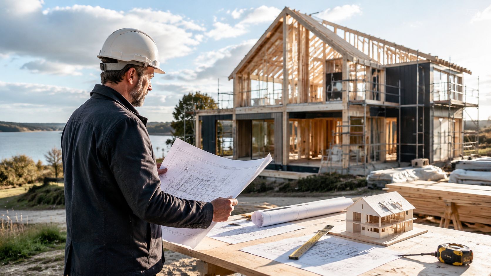 En bygherre studerer arkitekttegninger foran et igangværende husbyggeri ved en naturskøn søside.