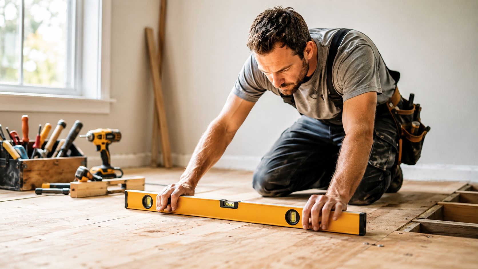 En professionel håndværker er i gang med at nivellere et trægulv med et vaterpas under en renovering.