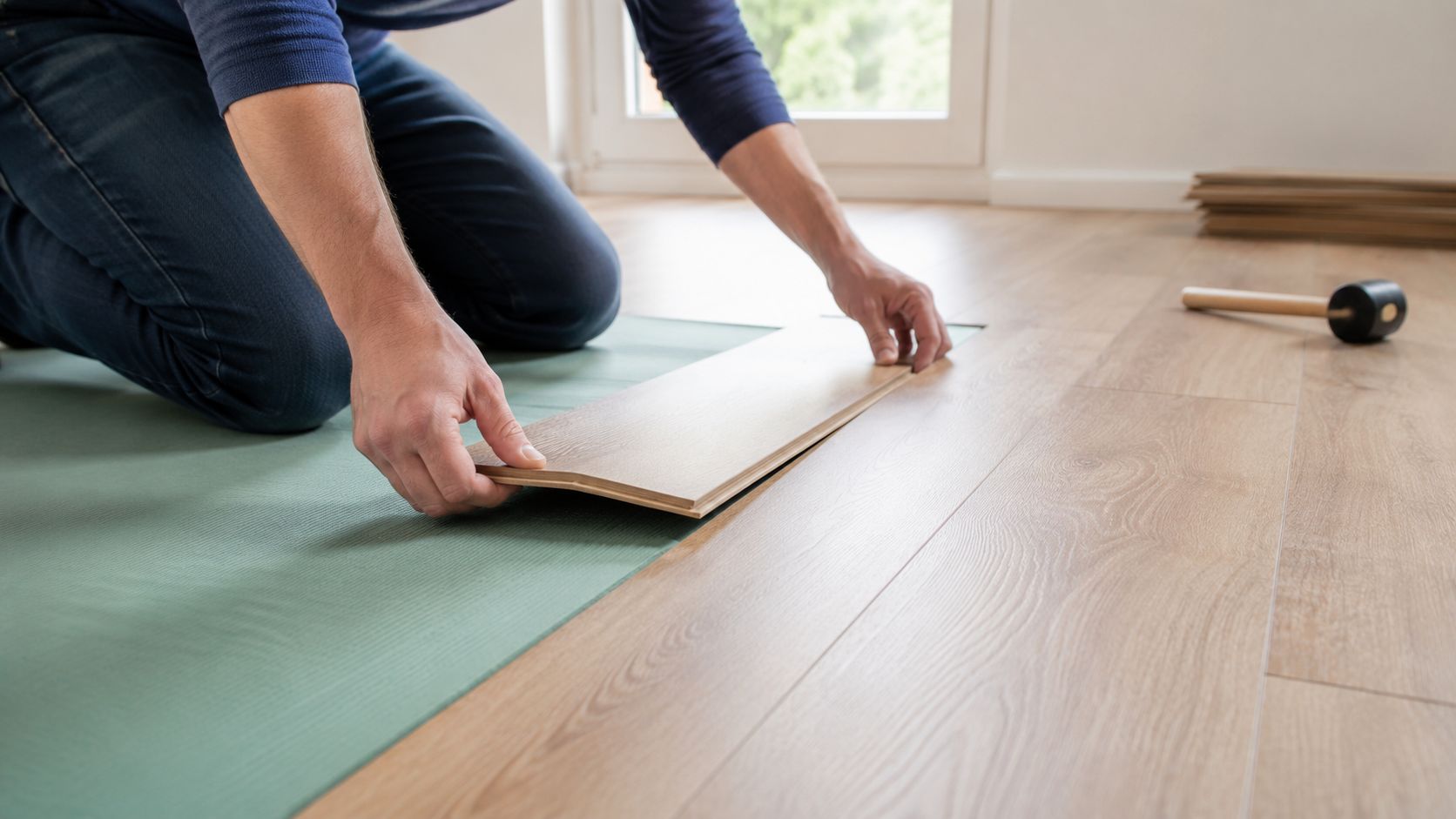En mand knæler på gulvet og installerer laminatgulvplanker præcist med hænderne på et nyt underlag.