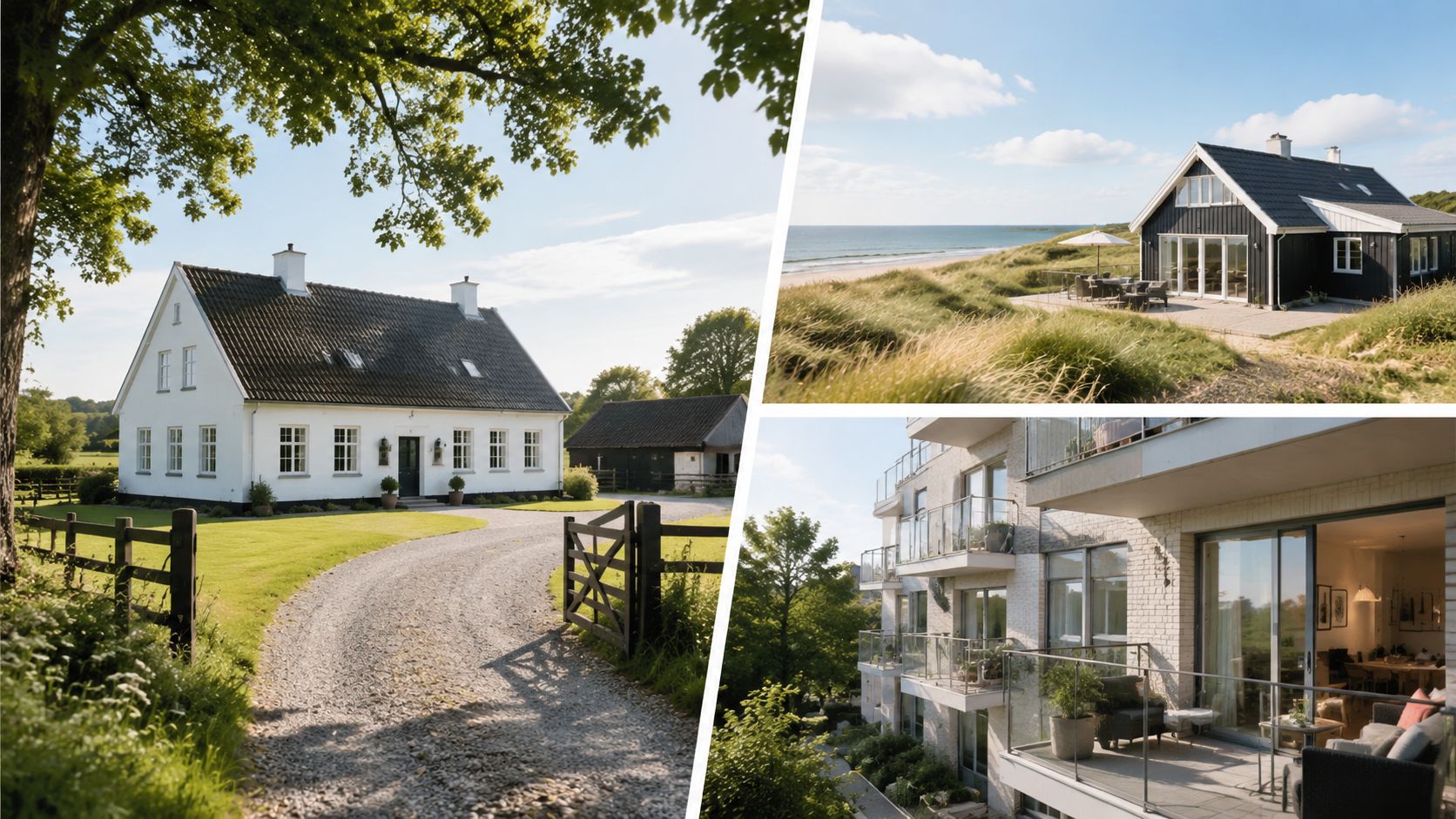 Tre forskellige typer af boliger, herunder et klassisk hvidt hus, et sommerhus ved stranden og moderne lejligheder.