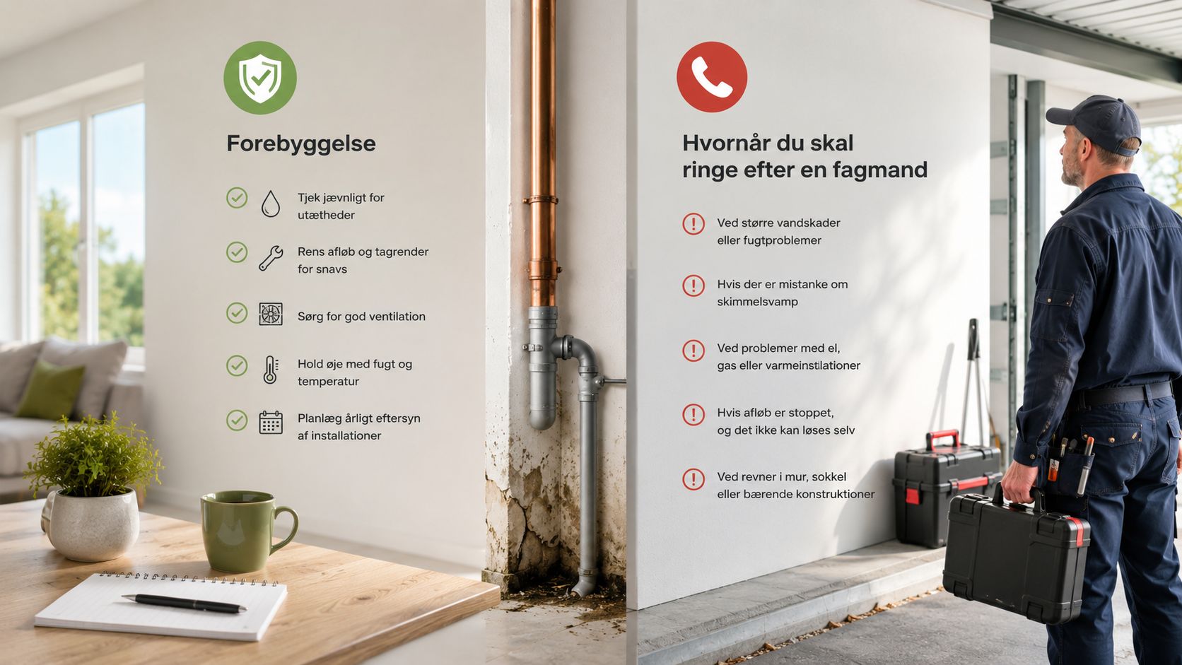 En infografik der viser råd til forebyggelse af fugt og hvornår man skal kontakte en professionel fagmand.
