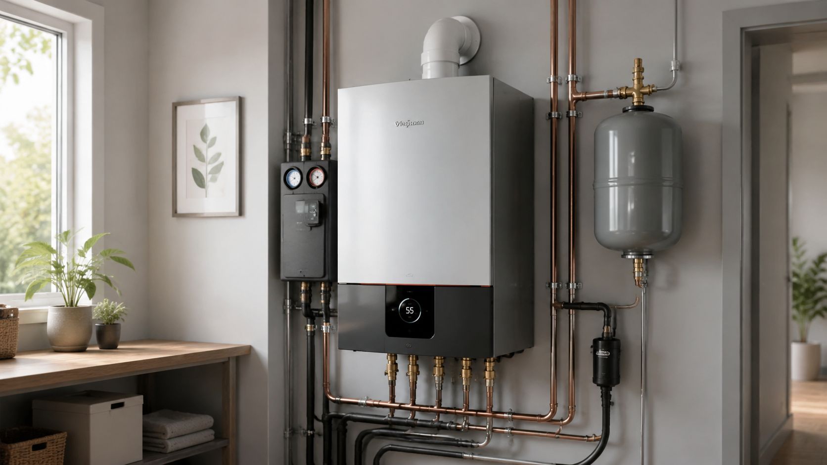 Moderne Viessmann gaskedel monteret på en væg med tilhørende rørføring og teknisk udstyr i et bryggers.