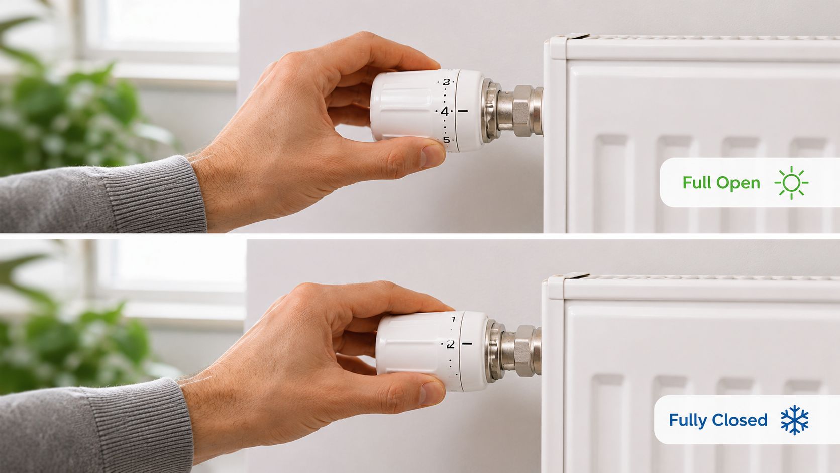 En hånd justerer en radiatortermostat for at ændre temperaturen på en hvid radiator i et rum.