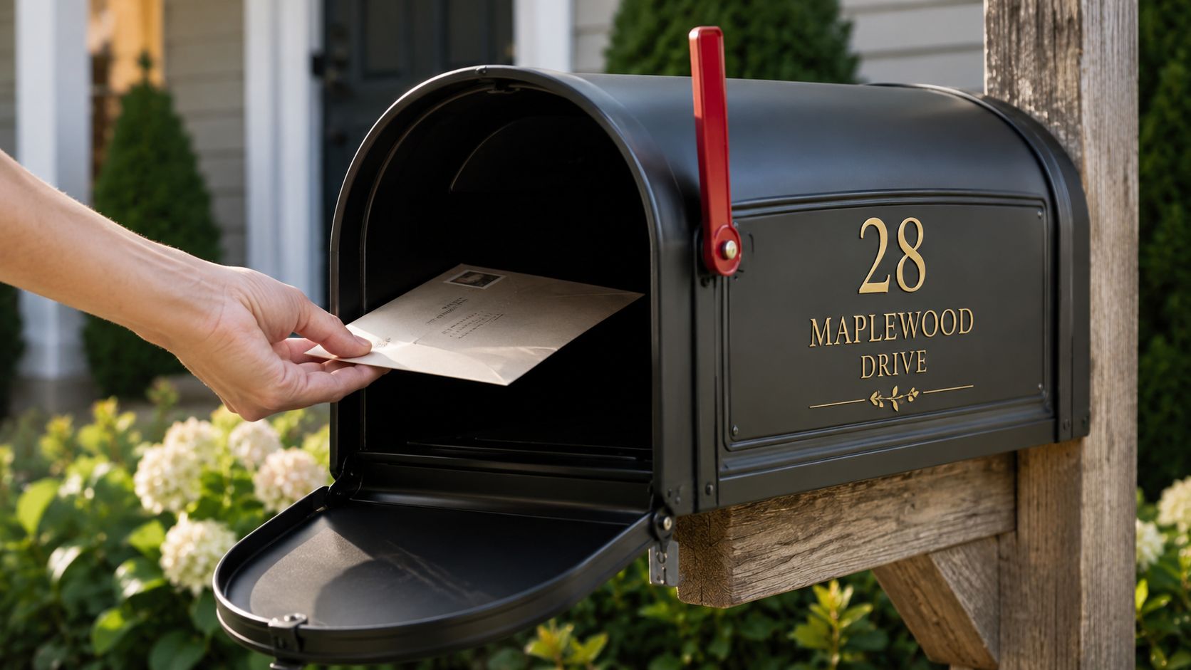 En person placerer et brev i en sort postkasse med adressen 28 Maplewood Drive på forsiden.