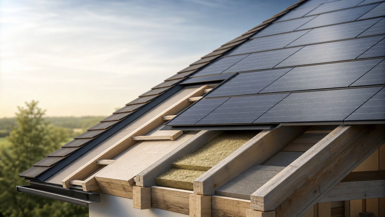 Et tætsyn af et hustag under konstruktion med integrerede solceller i tagsten og isoleringsmateriale synligt.