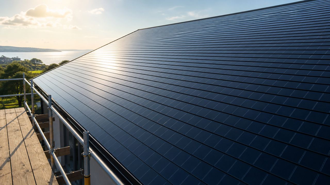 Moderne hus med solcelletagsten monteret på et tag under en solskinsdag med havudsigt i baggrunden.