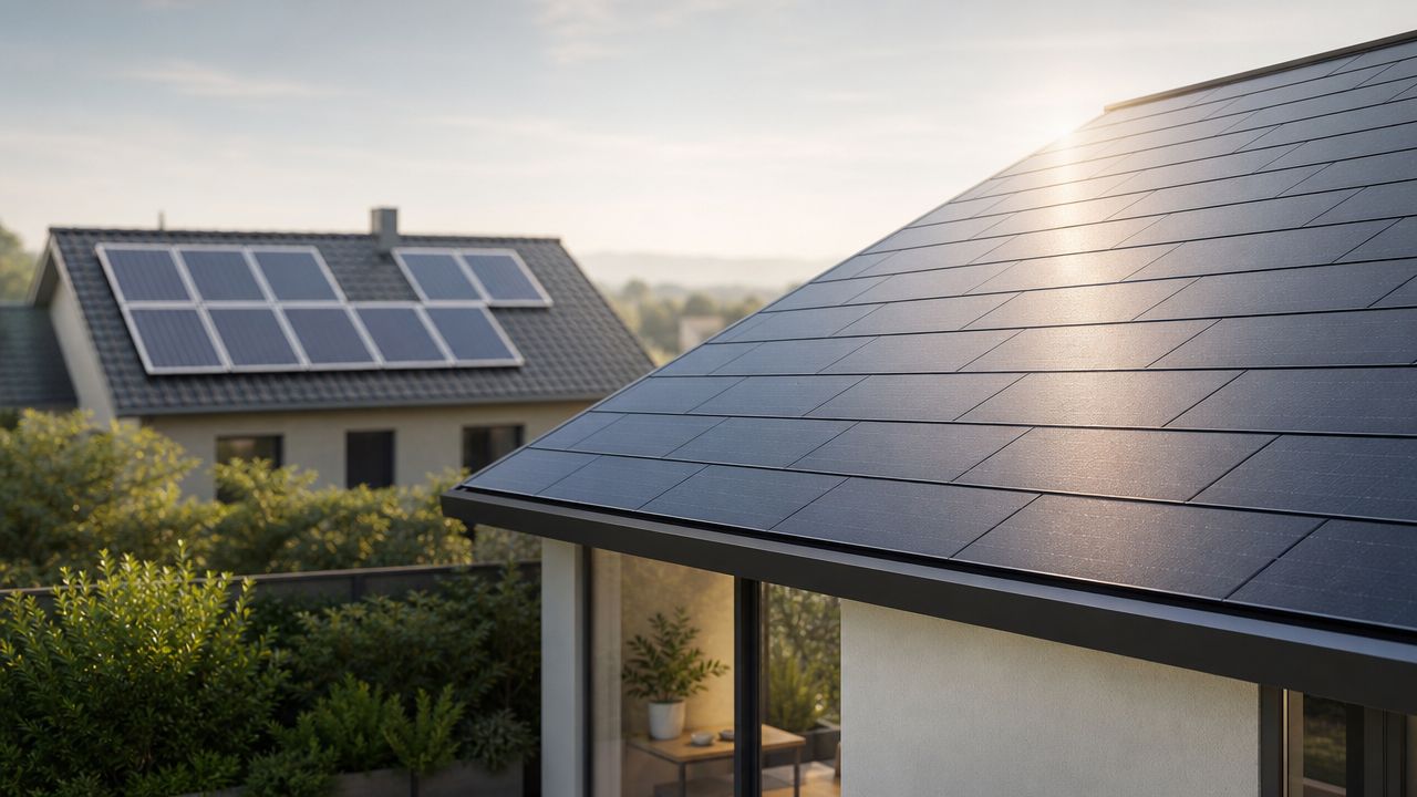 Moderne hus med integrerede solceller i tagstenene og et andet hus med traditionelle solpaneler i baggrunden.