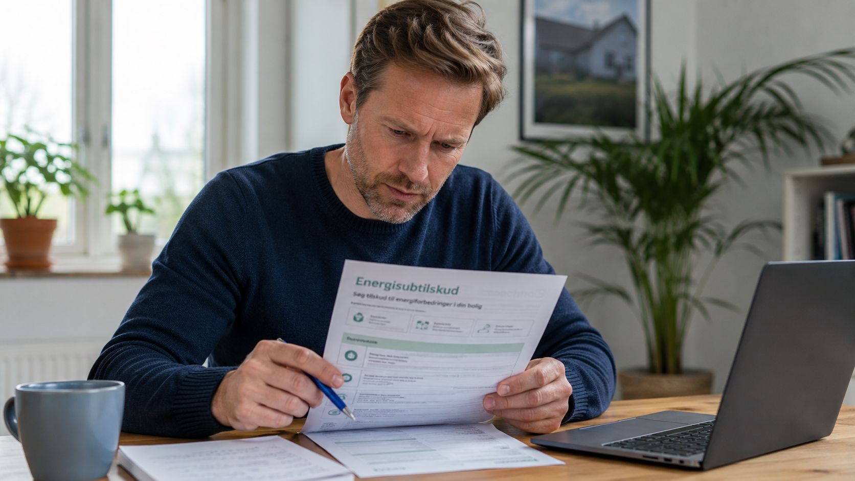 En midaldrende mand sidder ved et skrivebord og læser fokuseret i en ansøgning om tilskud til energiforbedringer.
