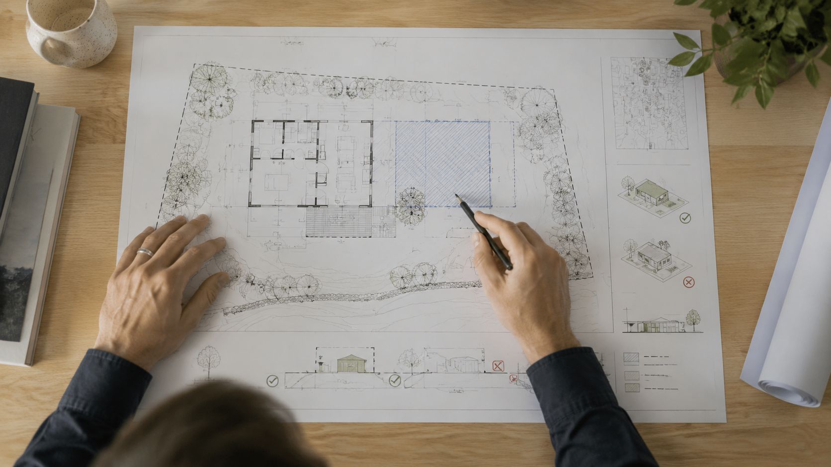 Arkitekt sidder ved et skrivebord og tegner en tilbygning til et sommerhus på en plantegning.