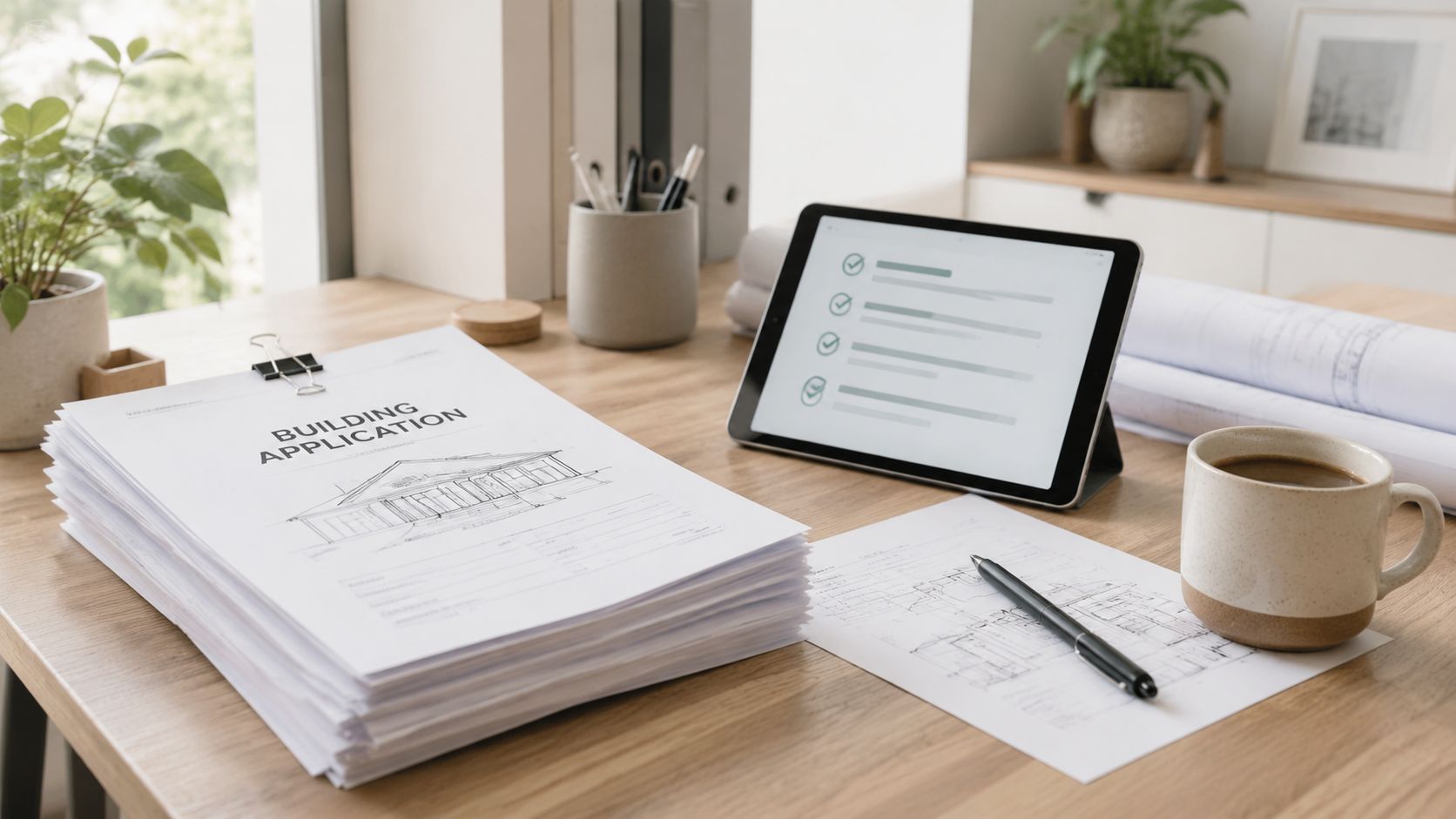 En bunke byggeansøgninger til sommerhus samt arkitekttegninger og en tablet på et lyst skrivebord.