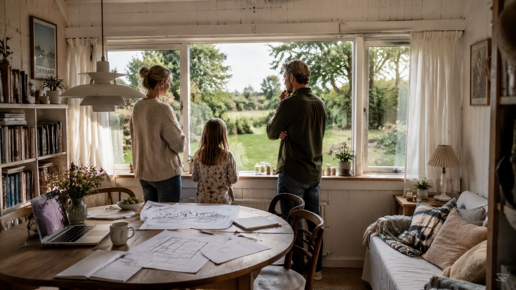 Familie kigger ud af vinduet i et lyst sommerhus, mens de planlægger en ny tilbygning på huset.