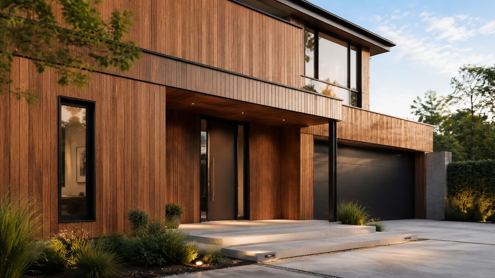 Moderne villa med facade af Superwood SW14 beklædning og stilfuld indgangsparti i træ med betonbelysning.