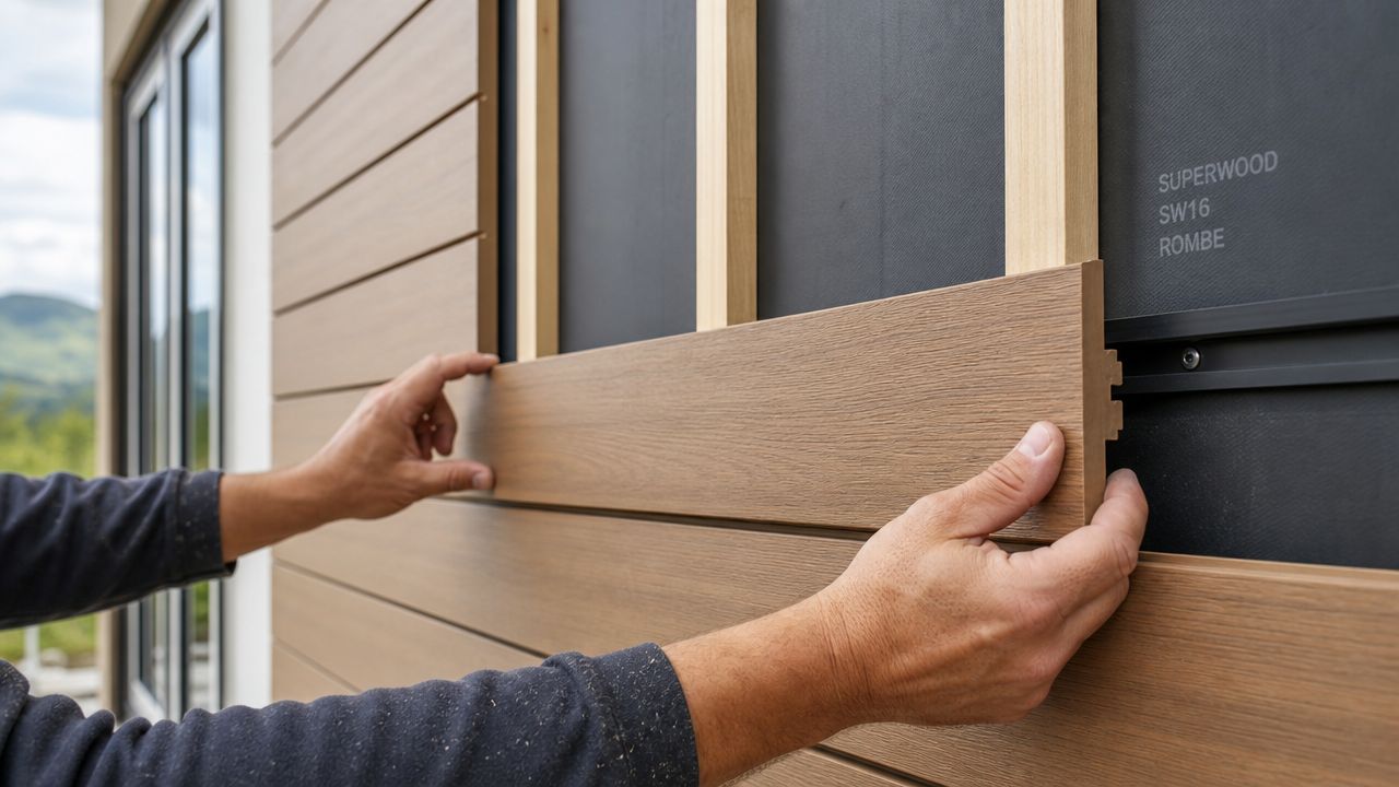 En håndværker monterer en Superwood SW16 ROMBE træbeklædningsplade på en facade med et sort underlag.