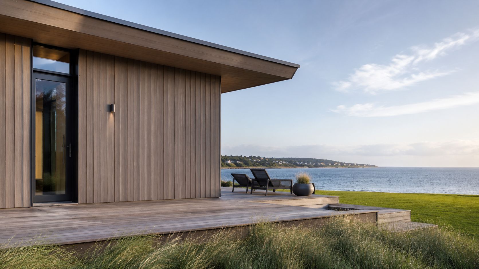 Moderne hus med træfacade og en rummelig terrasse med udsigt over havet og en grøn græsplæne.