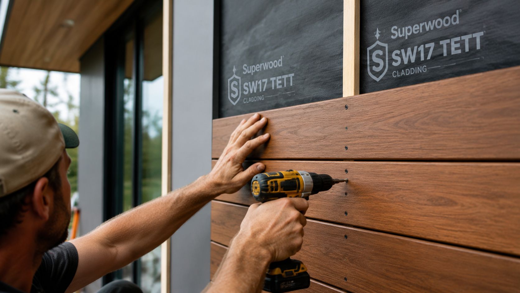 En håndværker monterer Superwood SW17 TETT facadebeklædning ved hjælp af en boremaskine på en moderne byggeplads.