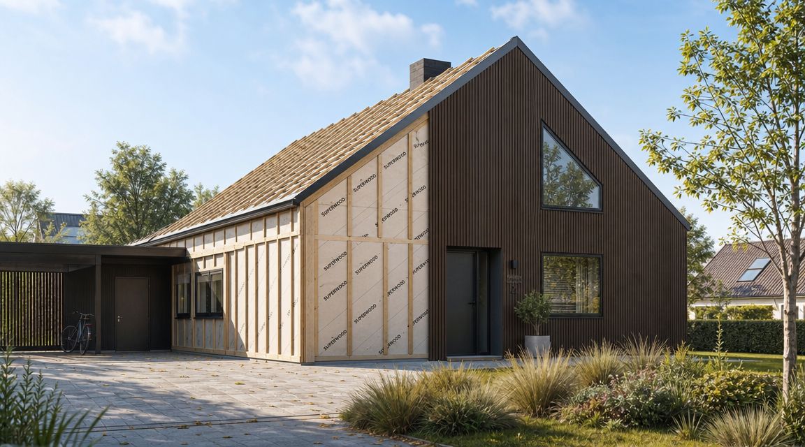 Et moderne hus under opførelse med synligt træskelet og mørke træfacader i et smukt boligområde.