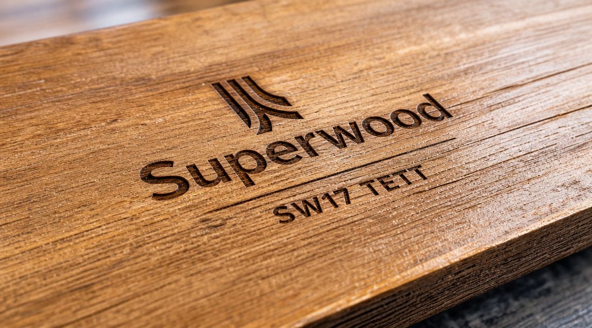 Et tæt billede af et Superwood-logo graveret i en mørk træoverflade med teksten SW17 TETT nedenunder.
