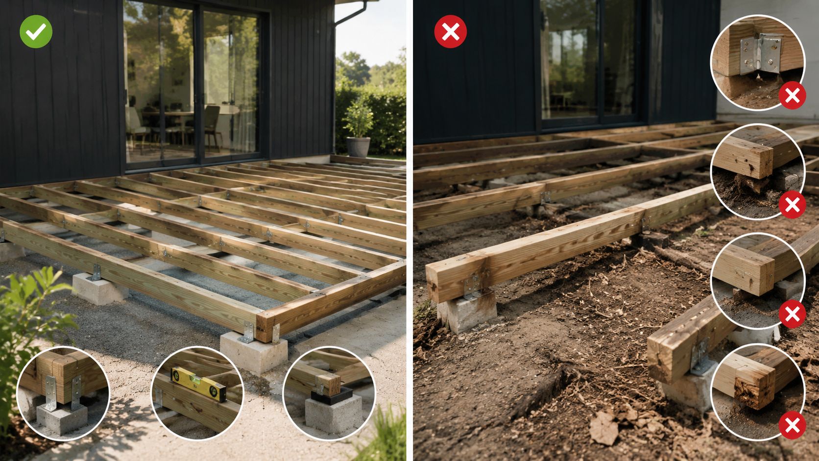 Sammenligning af korrekt og forkert opbygning af underkonstruktion til træterrasse ved brug af SW18 Skygge profiler.
