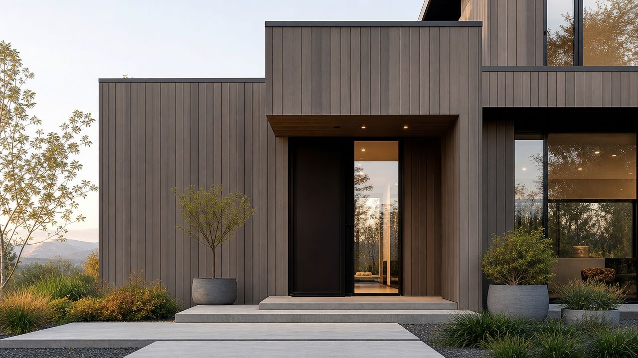 En moderne facade med vertikale Superwood SW18 SKYGGE træpaneler og en minimalistisk indgangsparti ved et smukt hus.