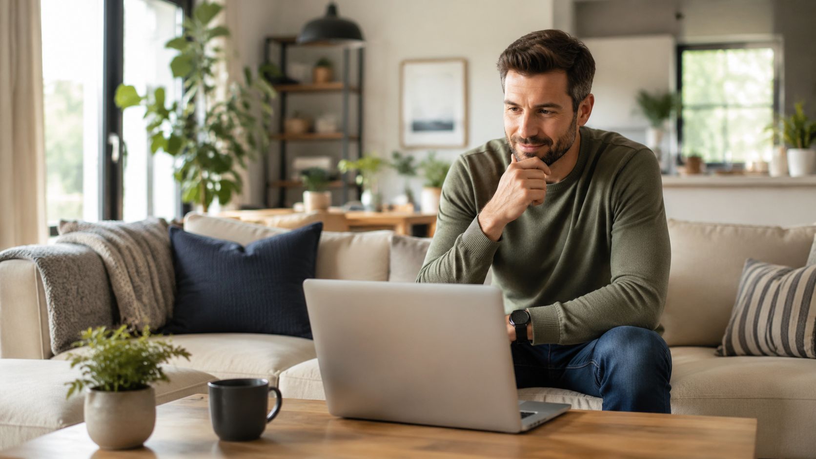 En smilende mand sidder i sin stue og arbejder fokuseret på sin bærbare computer ved sofabordet.