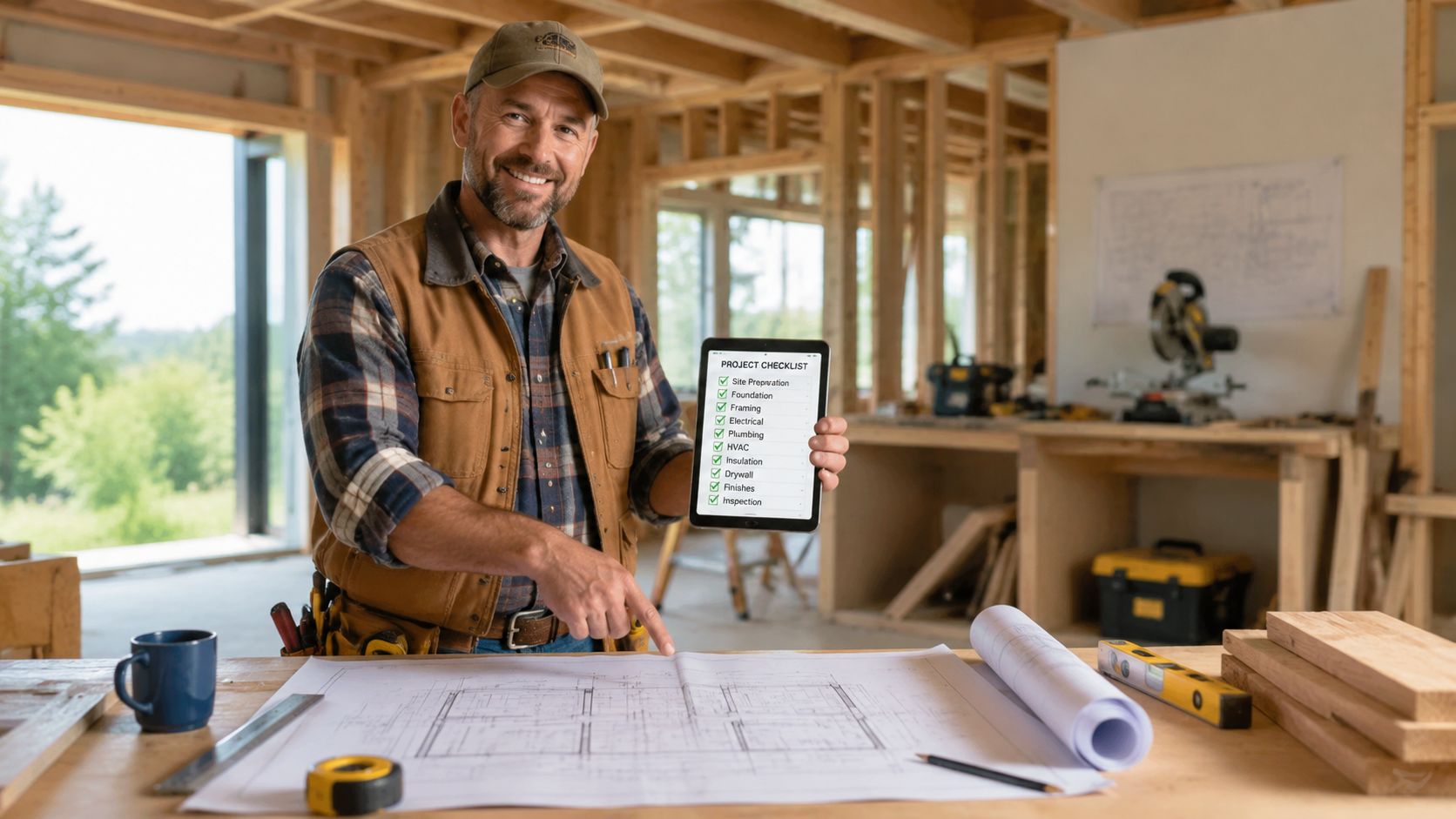 En smilende byggeleder i en ufærdig bygning, der fremviser en digital tjekliste på sin tablet-computer.