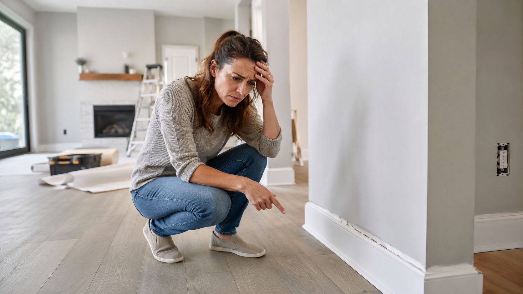 En frustreret kvinde knæler på gulvet i en stue under renovering og peger på en defekt fodliste.