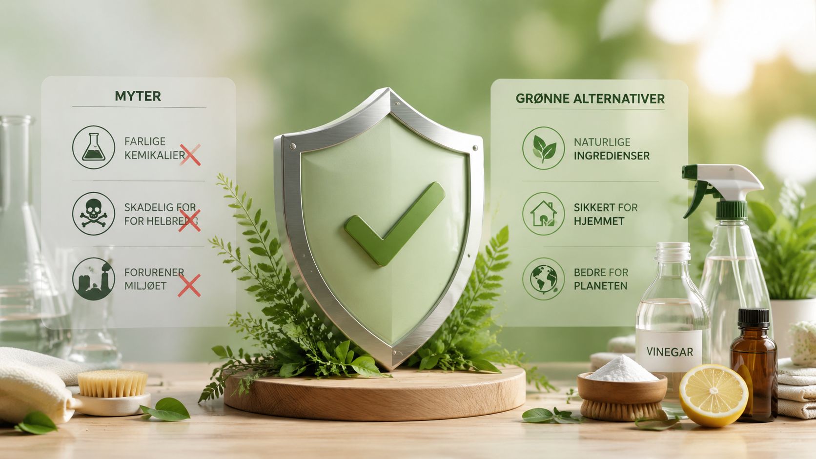 Illustration der sammenligner myter om kemikalier med grønne rengøringsalternativer som eddike og naturlige ingredienser i hjemmet.