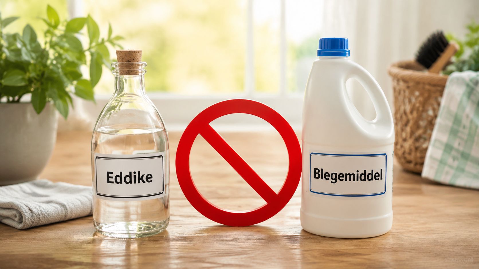 En advarsel om aldrig at blande eddike og blegemiddel, da det skaber farlige og giftige gasser.