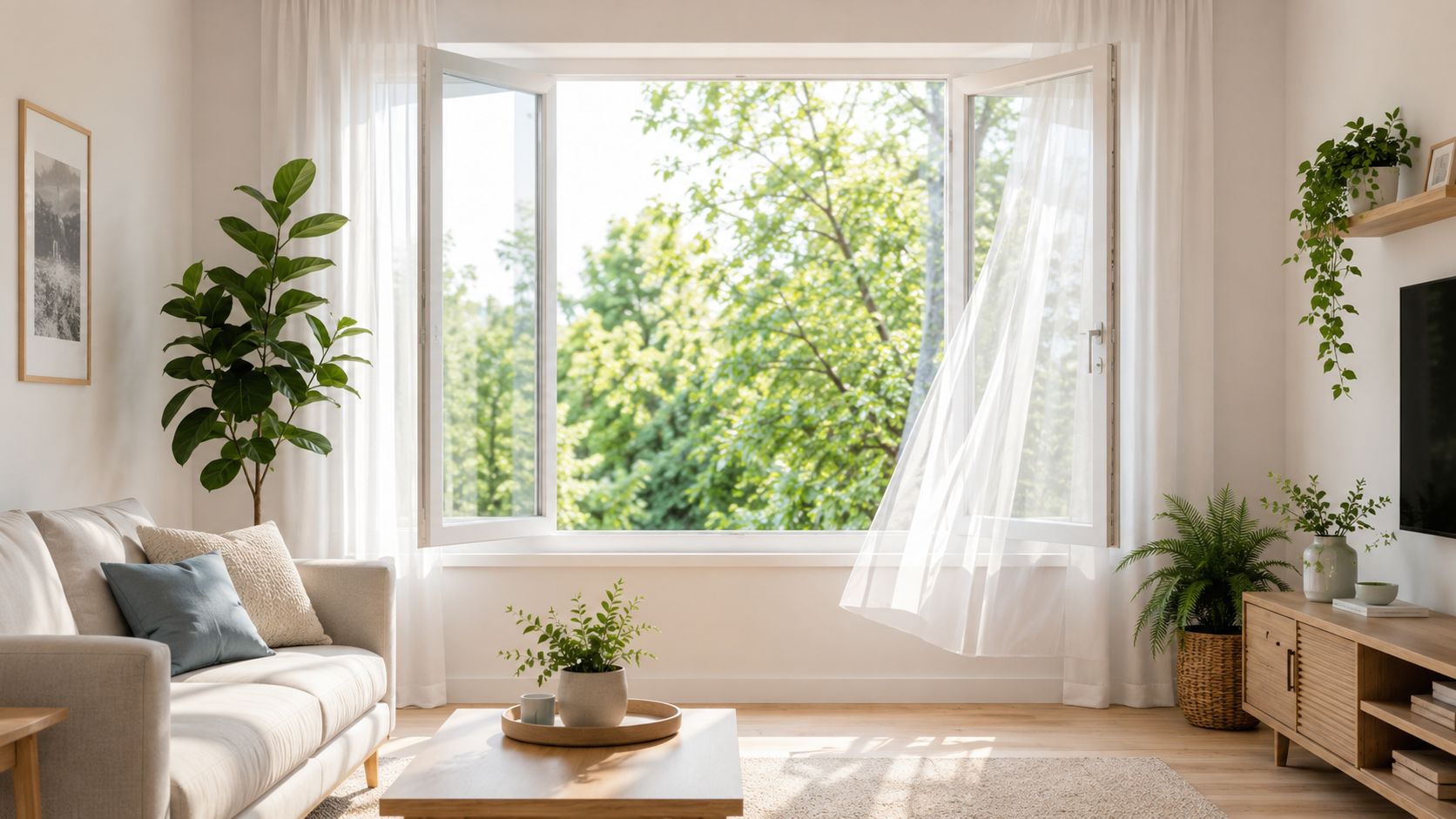 Lys og moderne stue med åbent vindue, grønne planter og en behagelig sofa i en afslappende atmosfære.