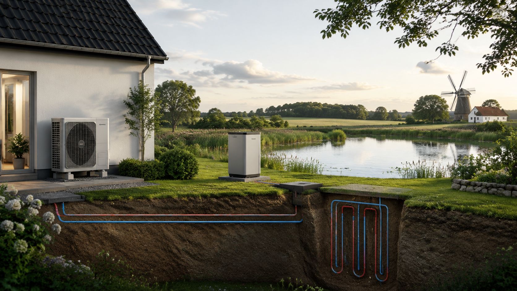 Illustration af en bolig med luft-til-vand varmepumpe og et jordvarmeanlæg installeret i haven ved en sø.