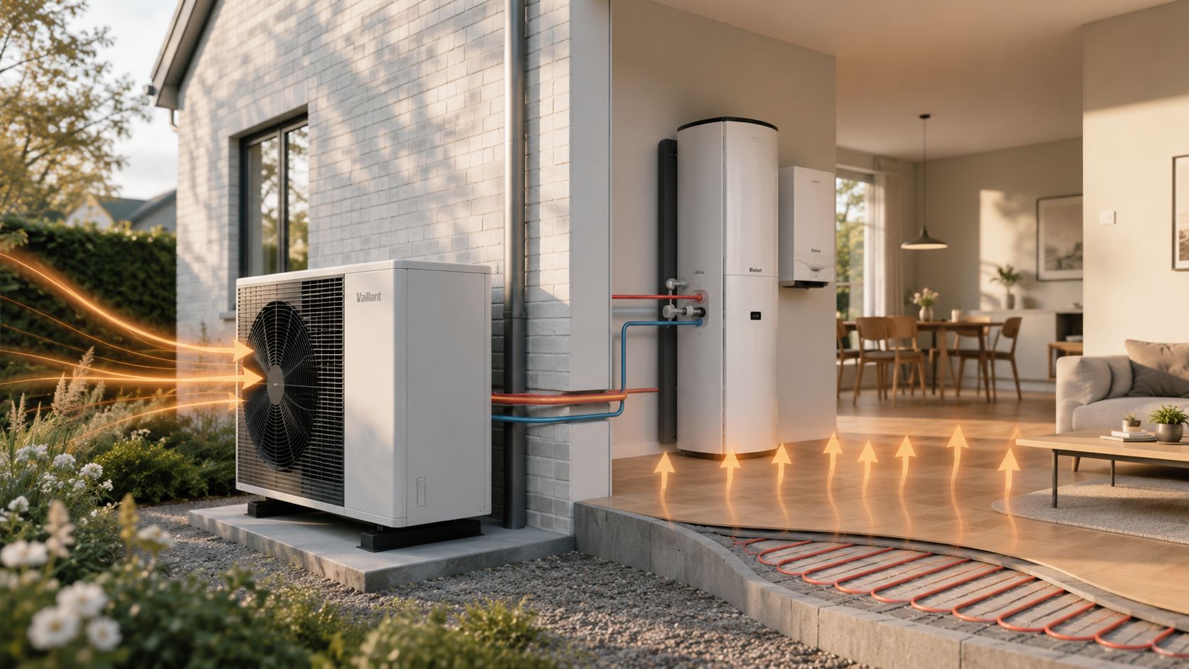 En Vaillant varmepumpe installeret udenfor et hus med gulvvarme system indeni for effektiv opvarmning.
