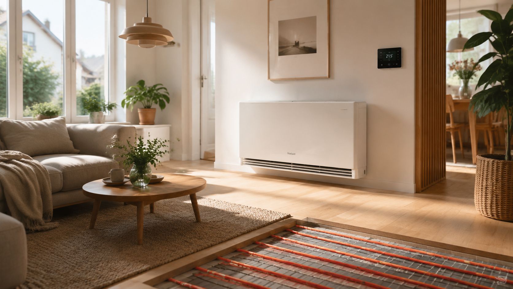 Moderne stue med en Vaillant varmepumpe på væggen og synlig gulvvarmeinstallation i gulvet for effektiv opvarmning.