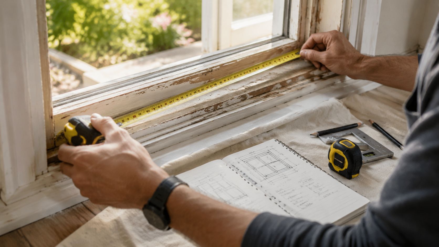 En håndværker måler bredden på en gammel vinduesramme med et målebånd i forbindelse med renovering eller reparation.