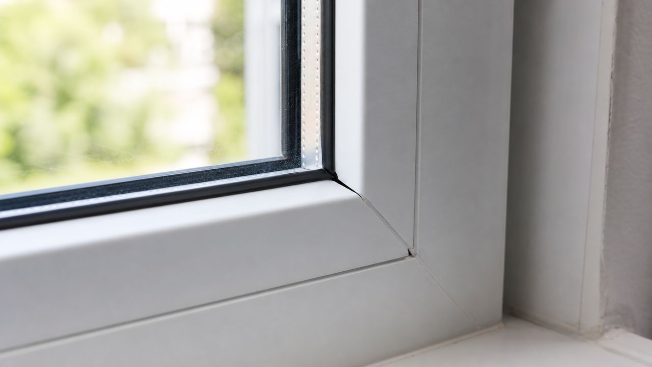 En tæt vinkel af et hvidt plastvindue, der viser rammen og det isolerende termorudeglas monteret i karmen.