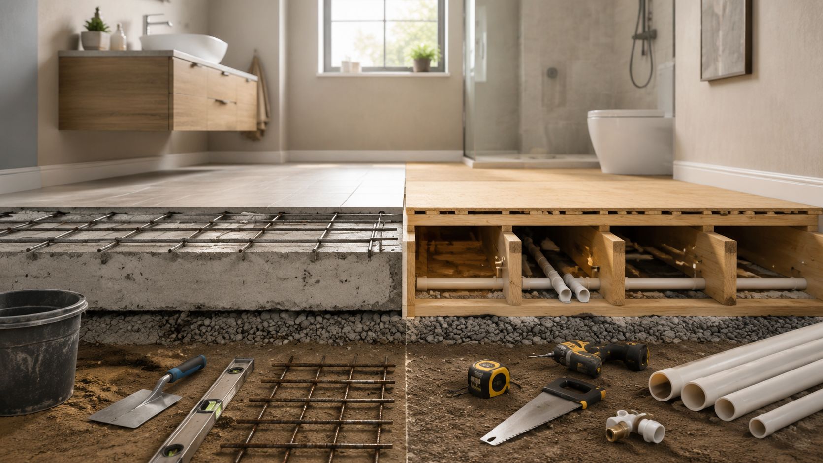 Illustration af badeværelsesgulvets opbygning med både støbt beton og trækonstruktion samt værktøj og materialer til renovering.