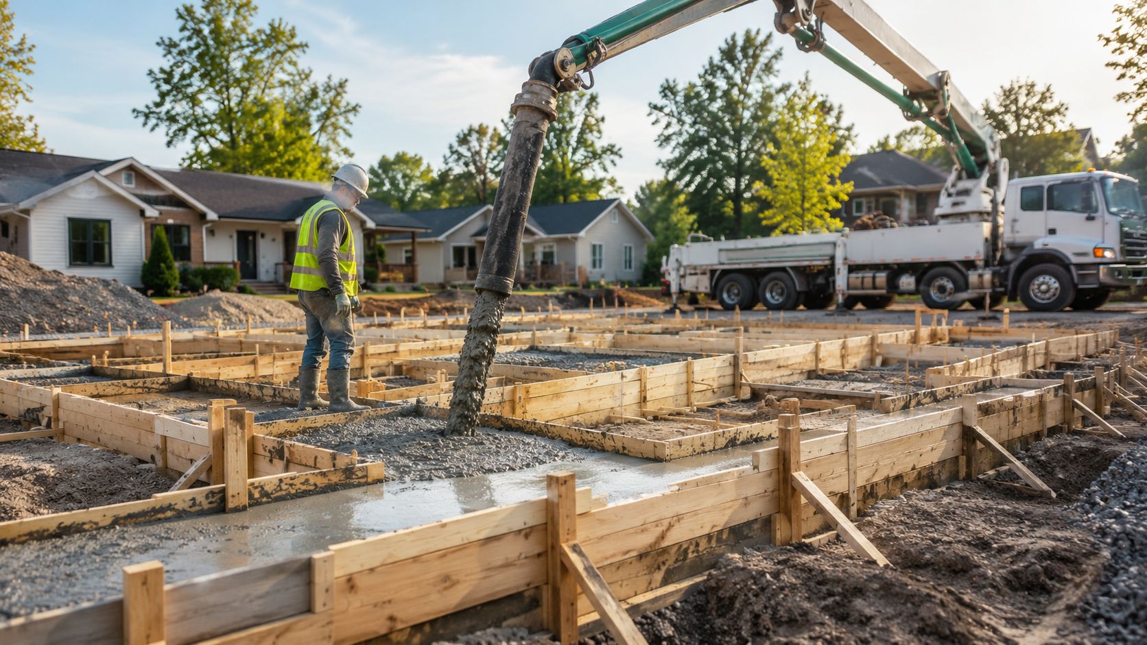 En bygningsarbejder bruger en betonpumpe til at støbe fundamentet til et nyt hus i et boligområde.