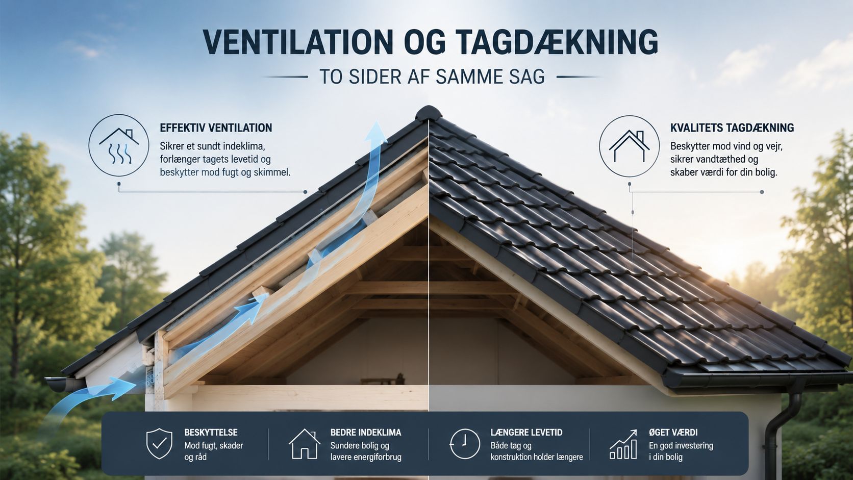 Illustration af tagkonstruktion der viser vigtigheden af korrekt ventilation og tagdækning for et sundt indeklima.
